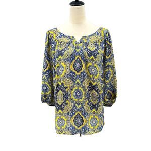 Ann Taylor Blue Golden Yellow Bold Paisley Print 3/4 Sleeve Lightweight Blouse
